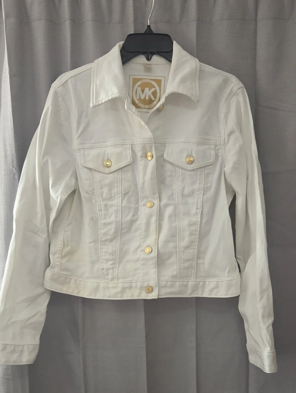 Michael Kors White Denim Jacket with Gold-Tone Buttons Large 97% Cotton